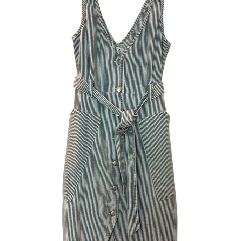 OAT dress, jumper style, spaghetti straps , belted, sheath cut. M, denim stripe - Picture 7 of 9